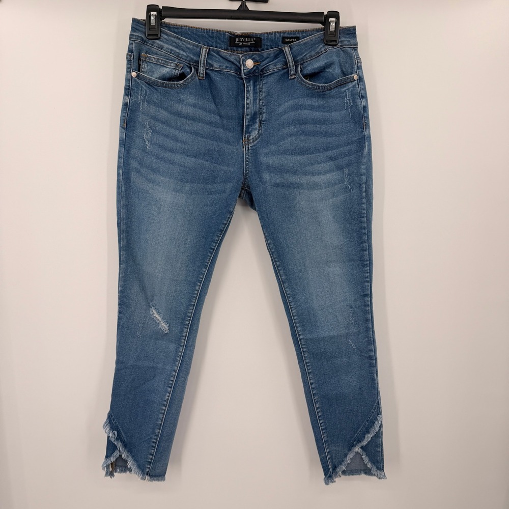 Judy Blue Skinny Fit Distressed Jeans Medium Wash Tulip Frayed Hem 16/25